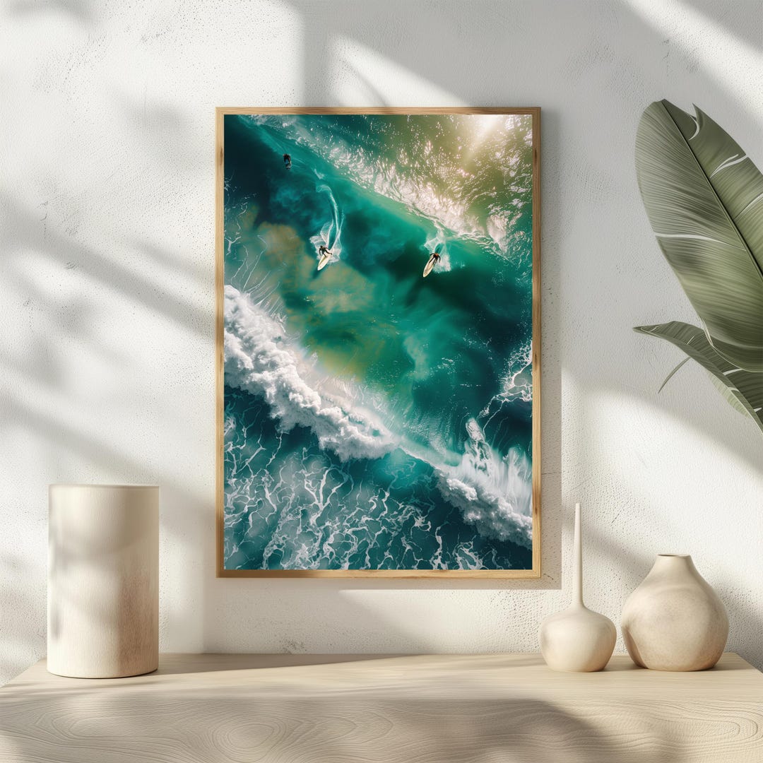 Aerial Surfers Art Print, Ocean Wave Wall Decor, Modern Coastal Beach ...