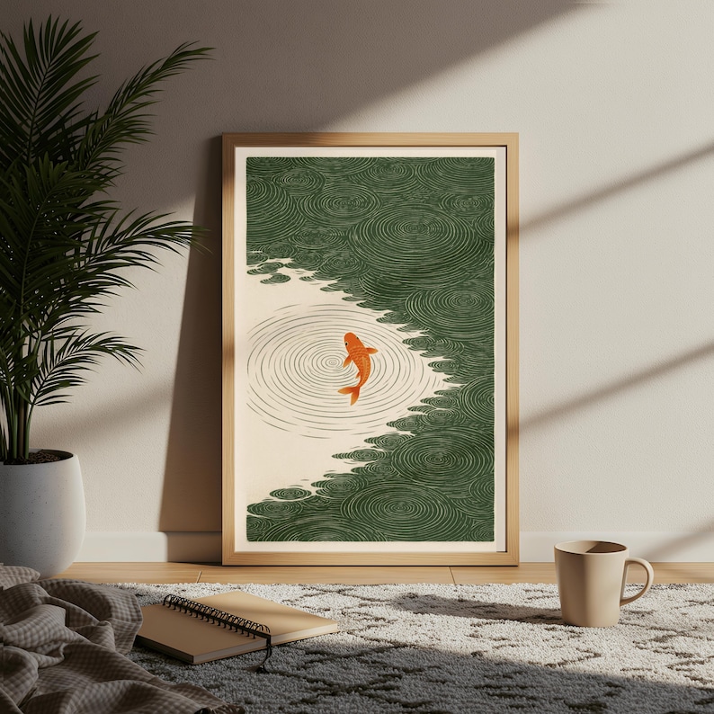 K&ouml;nnte beinhalten: Ein gerahmter Kunstdruck mit einem orangefarbenen Koi-Fisch, der in einem Teich schwimmt. Das Kunstwerk hat einen minimalistischen Stil mit gr&uuml;nen und cremefarbenen T&ouml;nen. Der Teich ist von gr&uuml;nen, strukturierten Wassermustern umgeben.