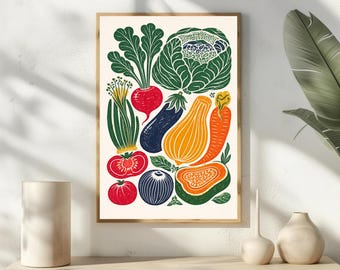 Vegetable Kitchen Wall Art | Linocut Style Farmers Market Print | Colorful Veggie Poster | Rustic Farmhouse Decor | Vegan Foodie Gift