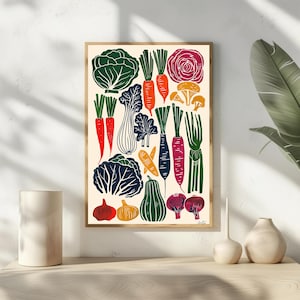May include: A framed print featuring a colorful illustration of various vegetables. The artwork includes green cabbage, carrots, beets, and mushrooms, with a beige background and a wooden frame. The vegetables are depicted in a stylized, block-print style.