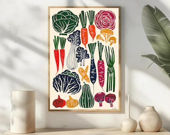 Vegetable Kitchen Art Linocut Farmers Market Poster Rustic Harvest Wall Decor