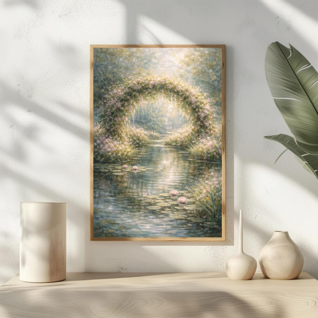Monet Inspired Water Lily Pond Print, Pink Flower Arch Wall Art ...