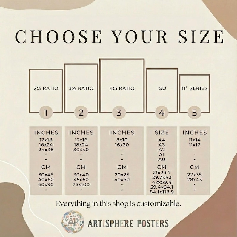 K&ouml;nnte beinhalten: Eine Poster-Gr&ouml;&szlig;entabelle mit dem Text "CHOOSE YOUR SIZE" oben. Die Tabelle zeigt verschiedene Seitenverh&auml;ltnisse und Gr&ouml;&szlig;en in Zoll und cm, einschlie&szlig;lich 30x45 cm, 40x60 cm und 60x90 cm. Das Shop-Logo befindet sich unten.