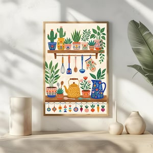 Volkskunst keukenprint, poster plantenplank, groenteslingerdecor, Cottagecore muurkunst