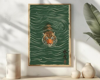 Japanischer Tiger Schwimmen Druck, Wassertiger Holzschnitt Poster, Vintage Ukiyo-e Wandkunst, Smaragdgrün Sternzeichen Geschenk, Kanji Tier Dekor