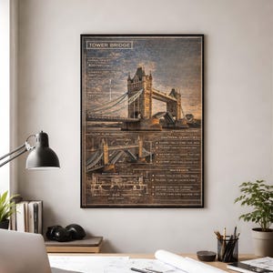 Puede incluir: Impresión enmarcada del Tower Bridge de Londres, con detalles arquitectónicos y medidas. La impresión incluye el texto "TOWER BRIDGE" y especificaciones como la longitud total de 244 metros.