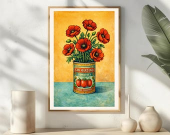 Rustic San Marzano Tomato Can Print, Red Poppies Poster, Italian Pantry Wall Art, Vintage Food Label Decor, Tuscan Kitchen Foodie Art Print