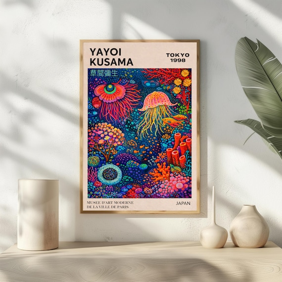 Yayoi Kusama Jellyfish Poster, Colorful Underwater Wall Art