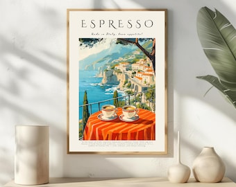 Póster de espresso italiano: lámina minimalista de café para decorar la pared de la cocina o la cafetería.