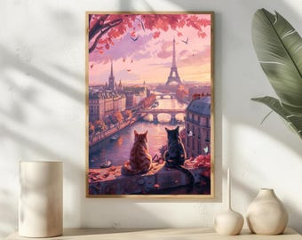 Paris Cat Art Print, Eiffel Tower Wall Decor, French Nursery Art, Cat Mom Gift, Cute Animal Poster