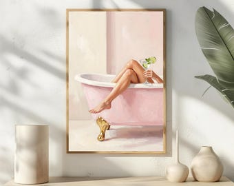 Preppy Bathroom Wall Art | Pink Bathtub Martini Print | Self Care Poster | Glam Cocktail Decor | Fashion Illustration | Girly Apartment Gift
