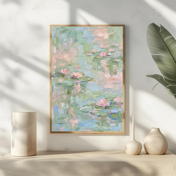 Stampa astratta di uno stagno di ninfee, decorazione murale verde salvia e rosa, pittura a olio impasto testurizzata, poster floreale moderno, decorazioni per cameretta in stile pastello