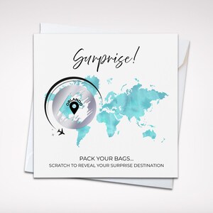Personalised Surprise Destination Scratch off Reveal Card with world map