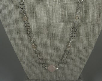 Pink Rose Quartz Gemstones on Sterling Silver Patterned Circle Chain Necklace 148FD