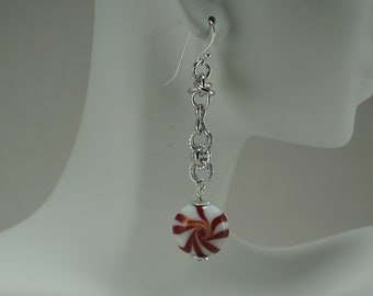 Peppermint Lampwork Glass Candy Swirls on Sterling Silver Chain Earrings 036HD