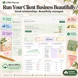 Op de afbeelding: Een digitale CRM-planner interface op een scherm, met een zakelijk overzicht dashboard inclusief statistieken, omzetgrafieken en klantenlijsten. De lay-out bevat zijbalknavigatie, takenlijsten en iconen voor verkooppijplijnen en lead scoring.