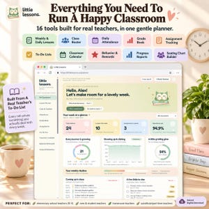 Peut inclure: Une interface de planificateur numérique pour enseignant intitulée Little Lessons affichée sur un écran, comprenant un tableau de bord avec des statistiques d'élèves, des outils de planification, un suivi des présences et un emploi du temps hebdomadaire. La mise en page inclut des onglets pastel et des graphiques.