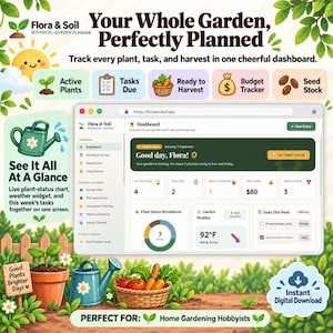 May include: A digital garden planner interface titled Flora & Soil, featuring a dashboard with plant status, weather, and task tracking. The graphic includes icons for active plants, tasks, harvest, budget, and seeds, with a garden-themed background.
