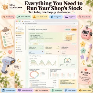 May include: A digital dashboard interface for Little Stockroom displaying inventory analytics, sales data, and stock management tools. The screen features charts, graphs, and navigation tabs for item catalogues, stock counts, and supplier information.
