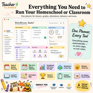 Puede incluir: Una interfaz de planificador digital para docentes con secciones para horarios, prioridades y resúmenes de clase. El texto incluye "Teacher Planner" y "One Planner, Every Tool". Los iconos representan diversas herramientas de gestión escolar.