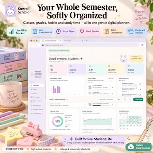 May include: A digital planner interface titled Kawaii Scholar displayed on a screen, featuring a dashboard with academic trackers, a GPA monitor, exam countdowns, and a habit garden. The layout includes pastel-coloured widgets and icons.