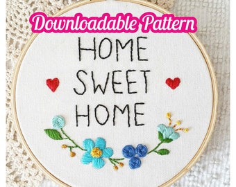 Home Sweet Home embroidery pattern, 6 inch hoop pattern, handembroidery, pdf file, stitching, downloadable pdf pattern,