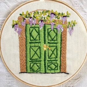 Old door hand embroidered hoop, hoop art, home decor, farm life, green door embroidery , 6 inches hoop, mom, mothers day, gift image 1