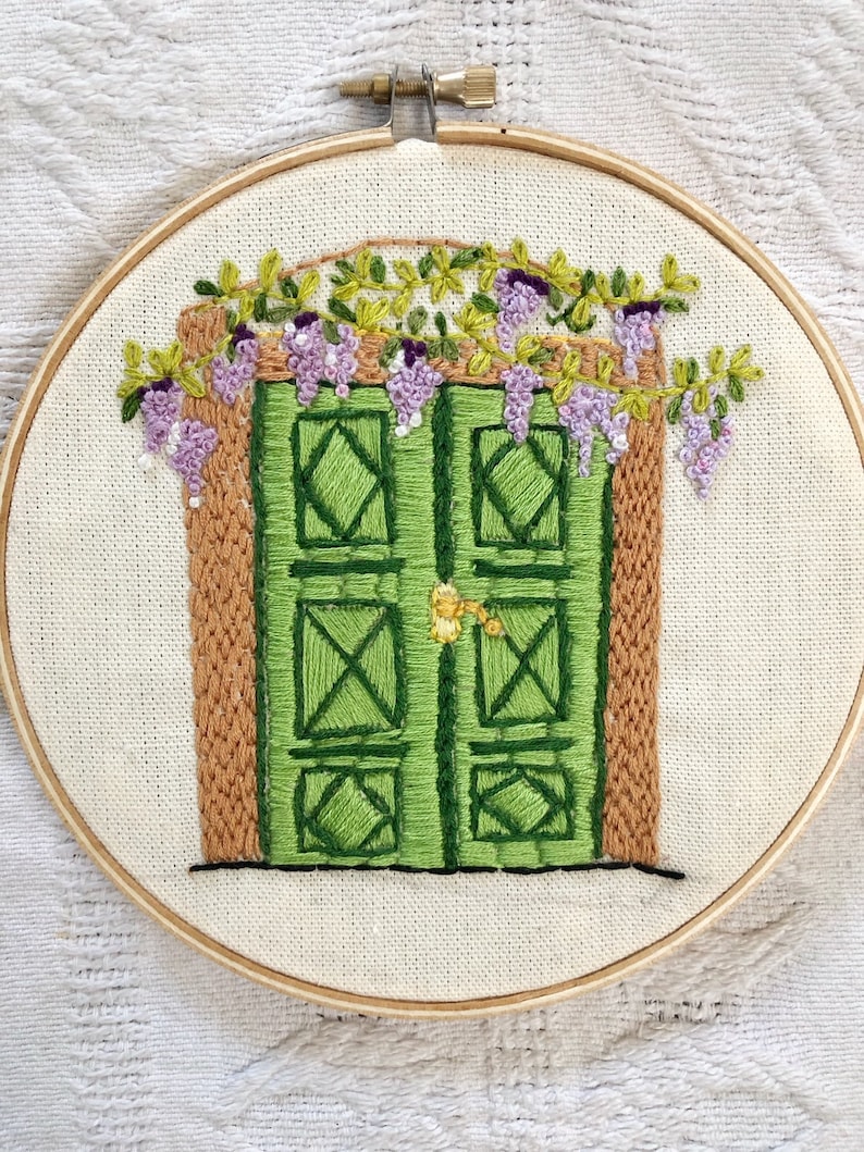 Old door hand embroidered hoop, hoop art, home decor, farm life, green door embroidery , 6 inches hoop, mom, mothers day, gift image 1