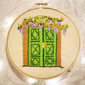 Old door hand embroidered hoop, hoop art, home decor, farm life, green door embroidery , 6 inches hoop, mom, mothers day, gift image 6