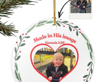 Personalized Picture Ornament, Made in His Image Heart Photo Ornament | Ceramic Christmas Ornament