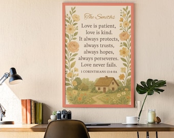 Personalized Cottage Core Print, 1 Corinthians 13 Scripture Poster Matte Vertical Poster | Floral Cottage Love Is Patient