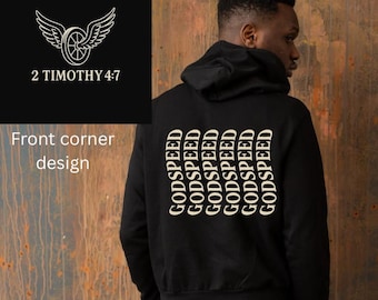Godspeed repeated text Hoodie | 2 Timothy 4:7 wing emblem