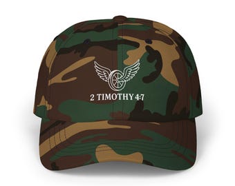 Embroidered 2 Timothy 4:7 Winged Cross Dad Cap | Camo Baseball Hat