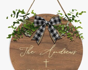 Personalized Last Name Wall Hanging, Our House Will Serve the Lord Joshua 24:15, Minimal Round Wooden Hanging Sign | Farmhouse Wall Decor