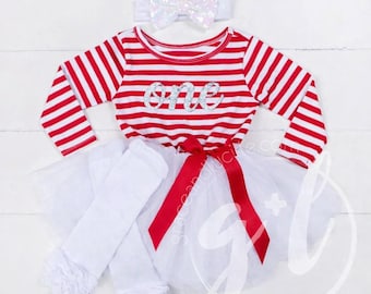 Vestido de niña para primer cumpleaños, con rayas rojas y blancas, falda de tul y purpurina.