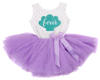Vestido de cuarto cumpleaños, tutú de tul morado, conjunto sin mangas para niña de 4 años