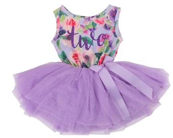 Vestido morado floral para segundo cumpleaños, conjunto de tutú para segundo cumpleaños