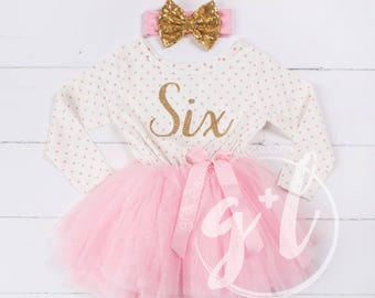 Vestido de niña para sexto cumpleaños, tutú rosa, número con purpurina dorada