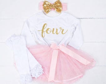 Conjunto de traje de cumpleaños para niña, camiseta con cuatro letras doradas y vestido de tutú rosa.