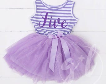Vestido para el quinto cumpleaños, tutú de tul morado, para el quinto cumpleaños de niña.