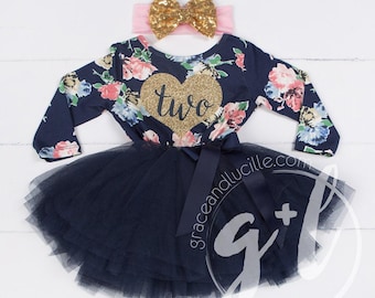 Vestido para niñas de dos años, floral azul marino, corazón dorado, tutú de tul