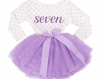Vestido de tutú morado para séptimo cumpleaños, falda de tul con lunares, atuendo para séptimo cumpleaños de niña