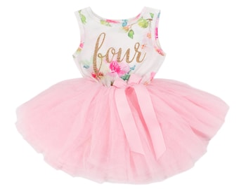 Vestido tutú rosa con estampado floral para cuarto cumpleaños, falda de tul con detalle de lazo