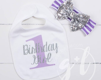 Conjunto de babero y diadema con lazo de lentejuelas para primer cumpleaños, morado y plateado