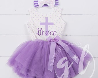 Vestido tutú con cruz morada – Conjunto personalizado para Pascua, iglesia o primavera.