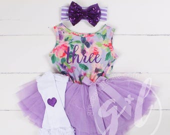Vestido de tutú floral para tercer cumpleaños, atuendo de fiesta personalizado