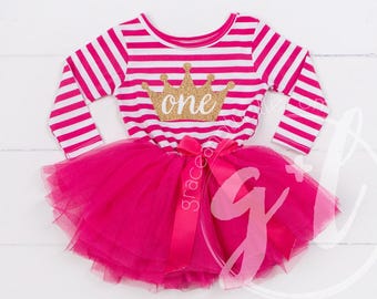 Girls First Birthday Tutu Dress, Pink Crown Outfit, Cake Smash Outfit