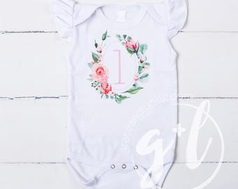 Floral First Birthday Bodysuit, Pink Number One, Handmade Outfit