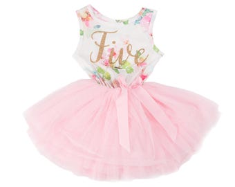 Vestido de tutú para quinto cumpleaños, traje floral, tul rosa, nombre personalizado