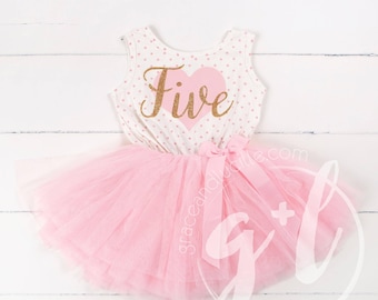 Vestido tutú de quinto cumpleaños, conjunto rosa personalizado para niña de 5 años